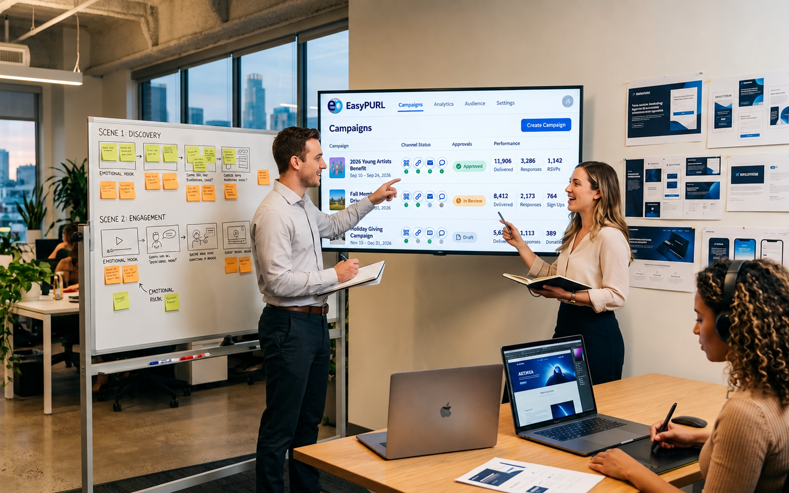 Agency team reviewing multiple client campaigns in the EasyPURL platform