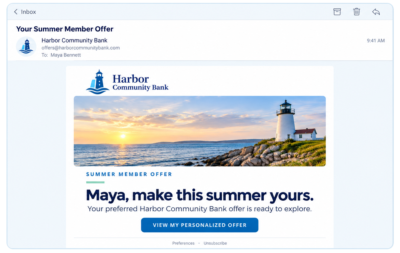 Personalized Harbor Community Bank email for Maya Bennett