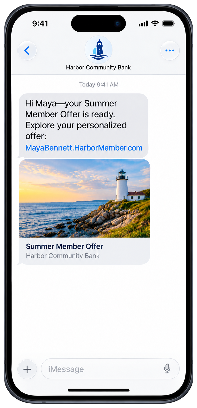Harbor Community Bank iMessage showing Maya Bennett's personalized Summer Member Offer